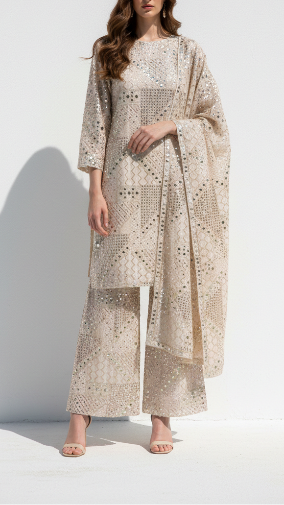 White Dyeable Georgette Fabric With All Over Zari, Faux Mirror And Sequins Work 21482