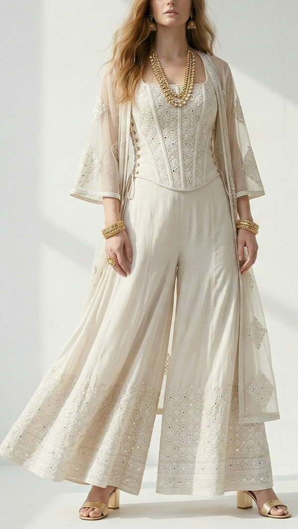 White Dyeable Georgette Fabric With All Over Zari, Thread And Fuax Mirror Work 21962