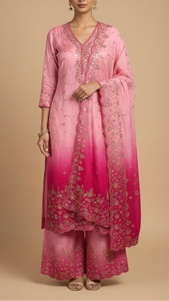 Golden Dyeable Tissue Fabric With All Over Katdana Sequins And Bead Work With One Side Border 20324