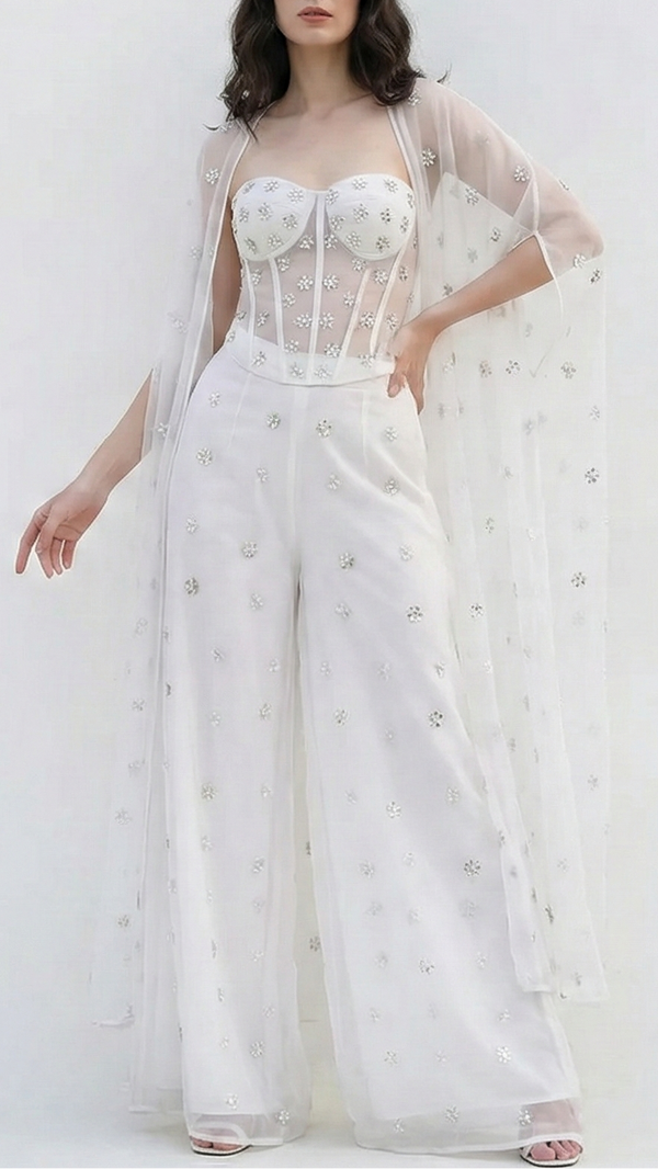 White Dyeable Organza Fabric With Allover Buti Of Silver Katdana, Bead And Sequins Work 21105