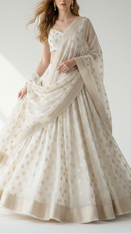 White Dyeable Chanderi Silk Fabric With All Over Dull Gold Zari Handloom 21789