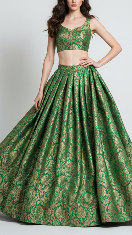 Bottle Green Banarasi Brocade Fabric With All Over Golden Zari Handloom 21751