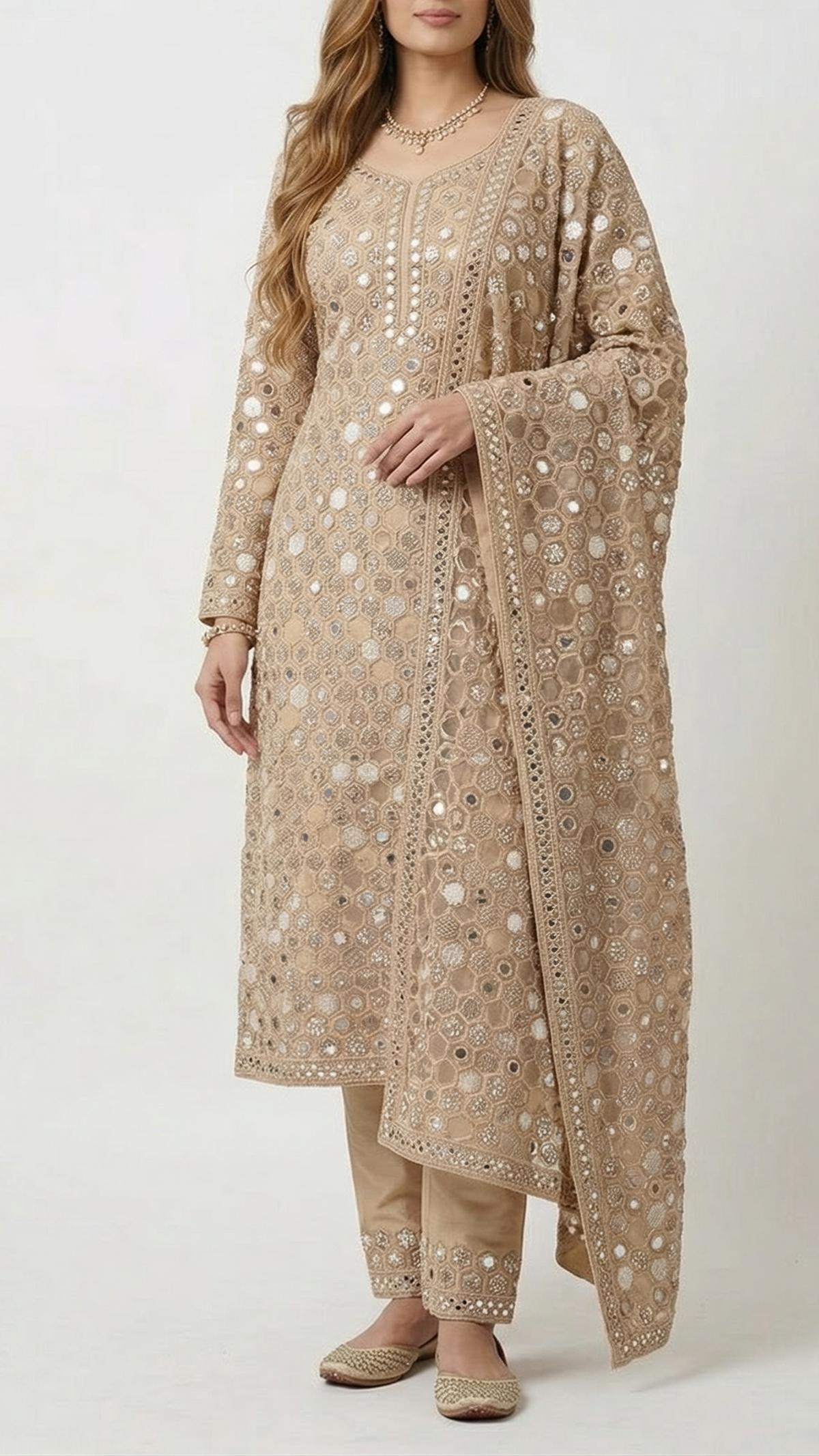 Golden Imported Net Fabric With All Over Zari, Sequins, Katdana, Faux Mirror And Cut Work 22394