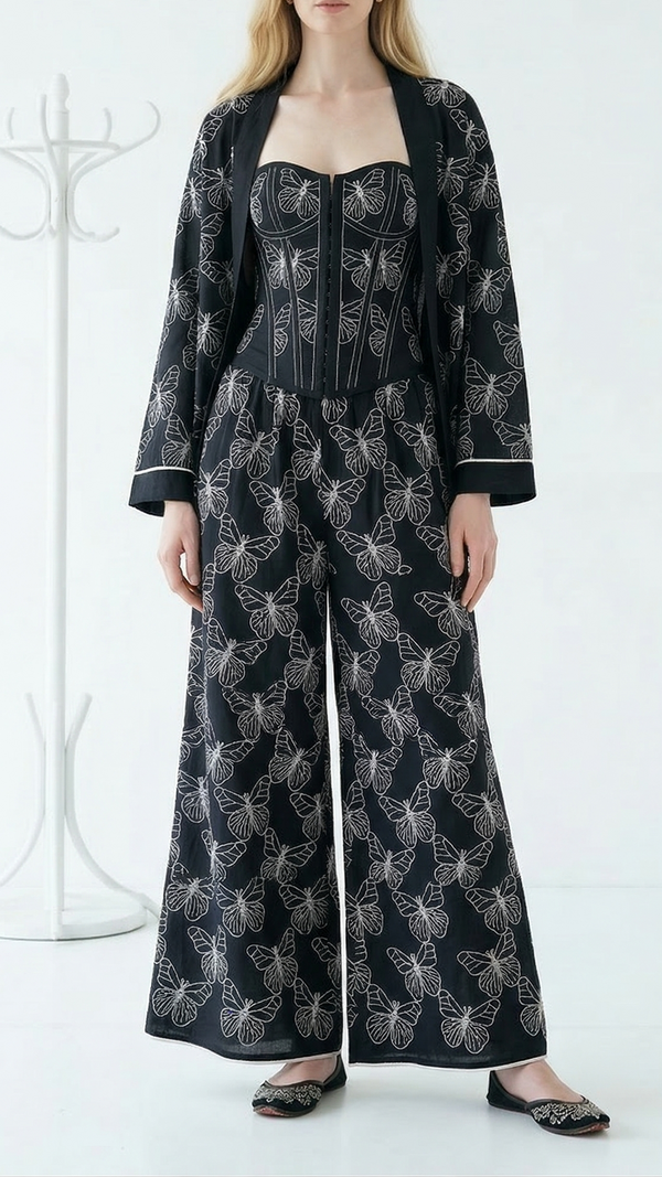 Black Cotton Fabric With All Over Butterfly Motif Of Dori And Thread Work 22479