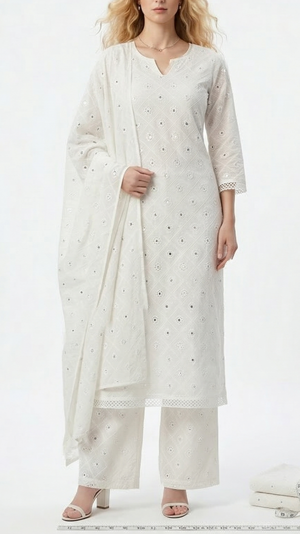 The Noor - White Dyeable Cotton Fabric With All Over Faux Mirror And Thread Work | 21518