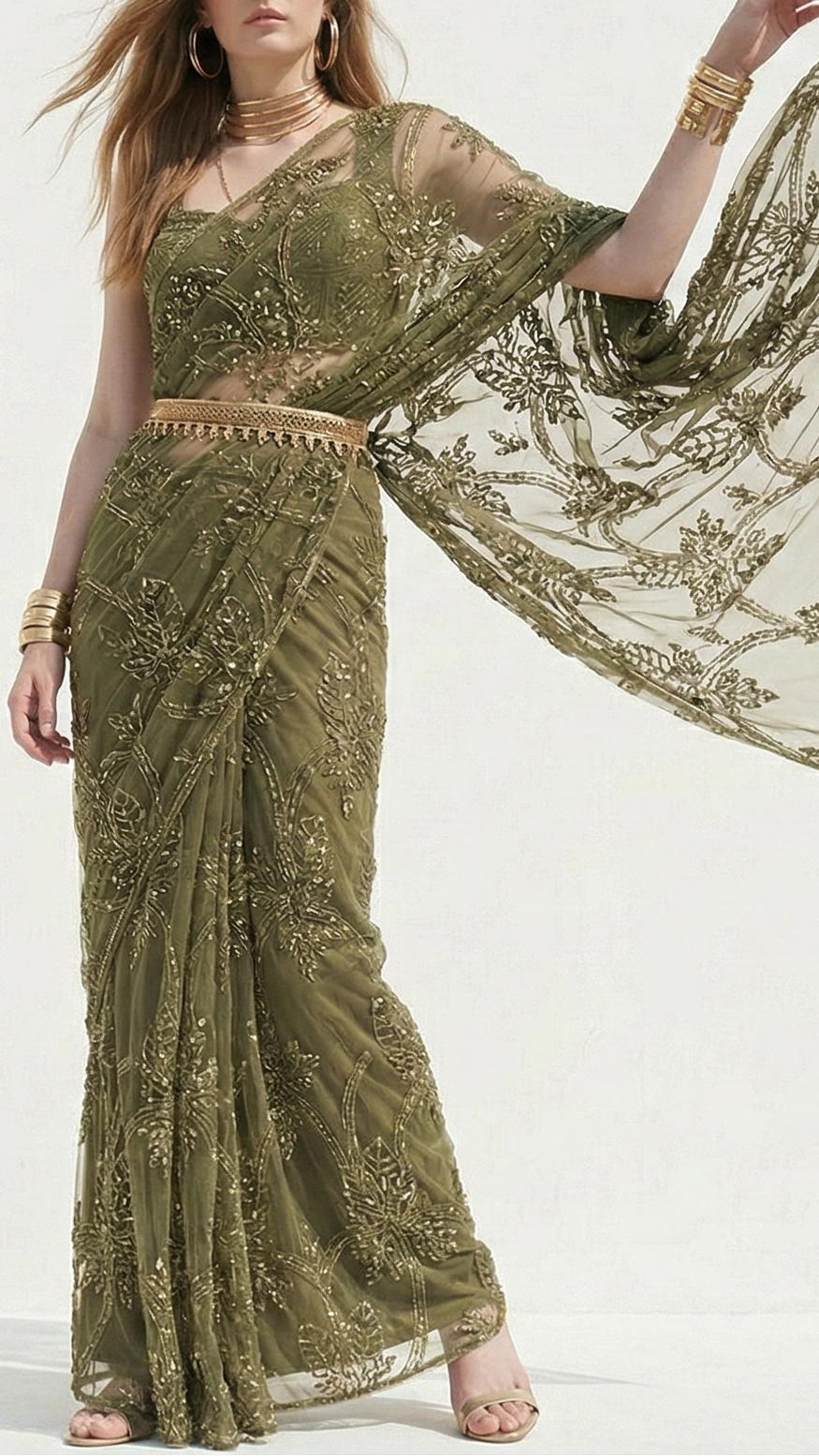 Mehandi Imported Net Fabric with Allover Cutwork, Sequins, Beads, Pearls & Thread 12338