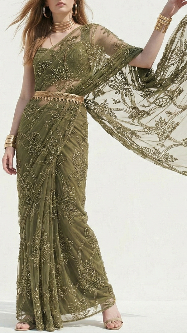 Mehandi Imported Net Fabric with Allover Cutwork, Sequins, Beads, Pearls & Thread 12338