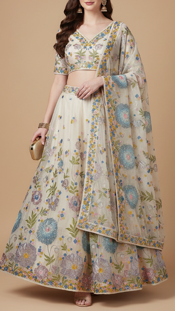 Peach Crepe Fabric With All Over Thread, Zari And Sequins With One Side Border 20374