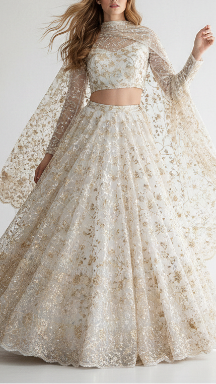 White Dyeable Net Fabric With All Over Sequins, Thread And Katdana Work 21448