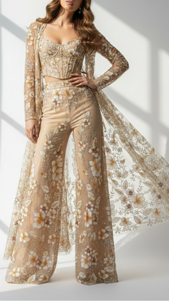 Cream Imported Net Fabric With All Over Sequins, Bead, Katdana And Ribbon Work 22105