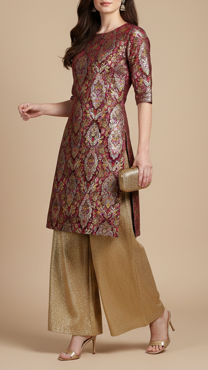 Wine Banarasi Brocade Fabric With All Over Zari And Thread Handloom 20644