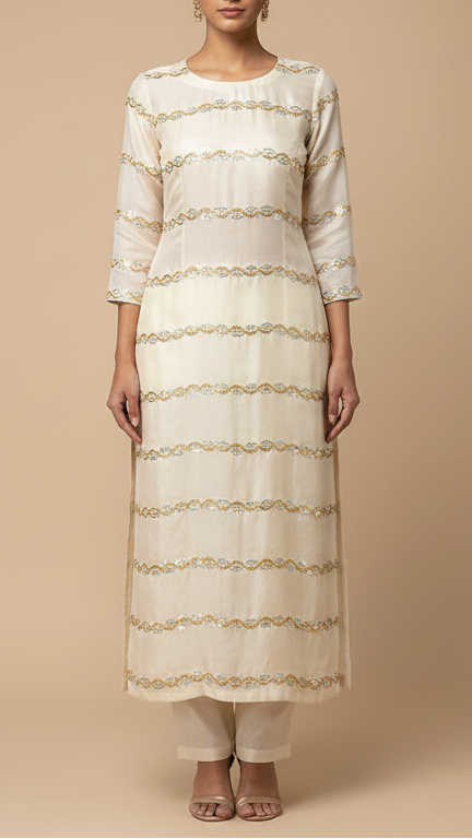 The Noor - Off White Silk Tissue Fabric with Eternall Stripes Of Pearl, Katdana, and Sequins | 15285