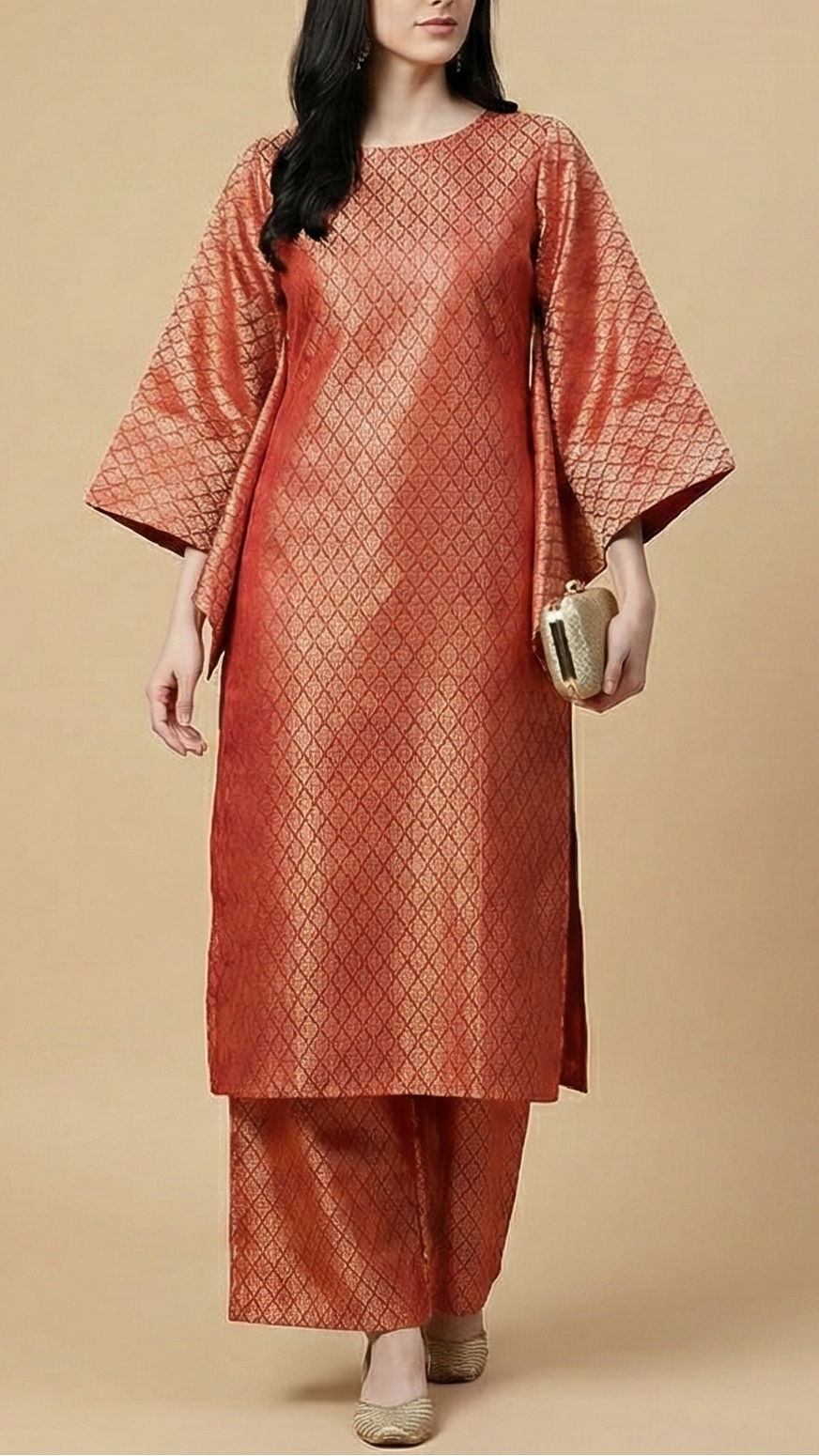 Red Banarasi Brocade Fabric With Golden Zari Handloom 20197