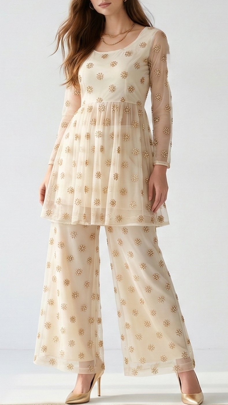 The Noor - White Dyeable Georgette Fabric With All Over Sequins, Beads And Katdana Work | 22183