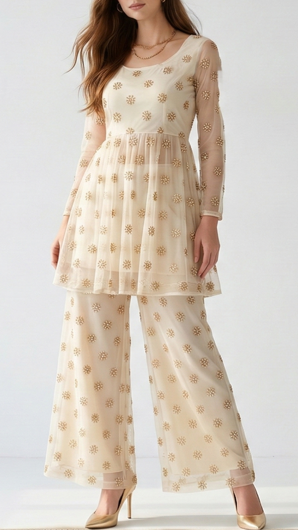 The Noor - White Dyeable Georgette Fabric With All Over Sequins, Beads And Katdana Work | 22183