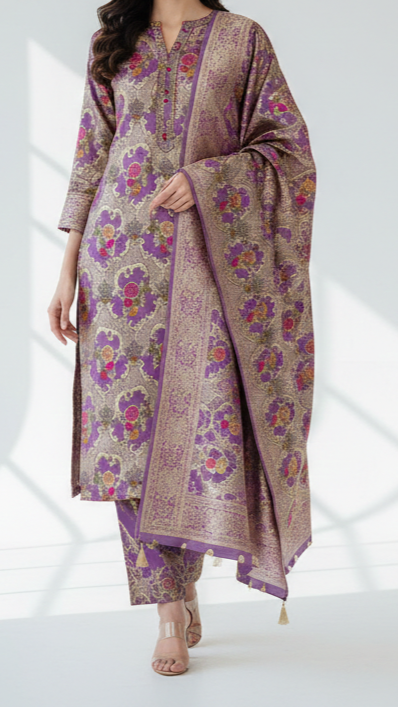 Lavender Pure Banarasi Brocade Fabric With All Over Thread And Zari Handloom 21526