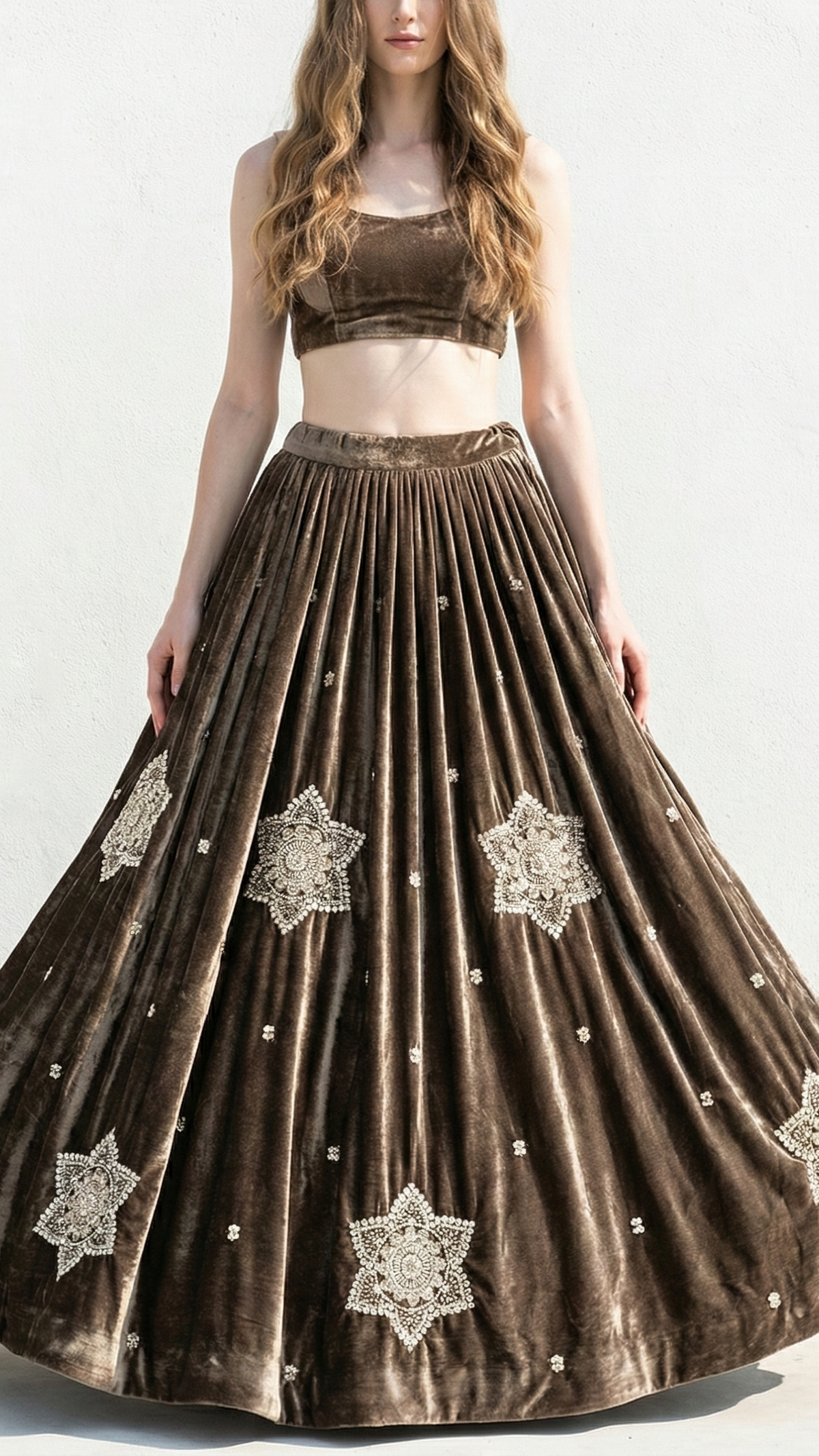 Coffee Velvet Fabric With All Over Buti Of Sequins, Katdana and Bead Work 20986