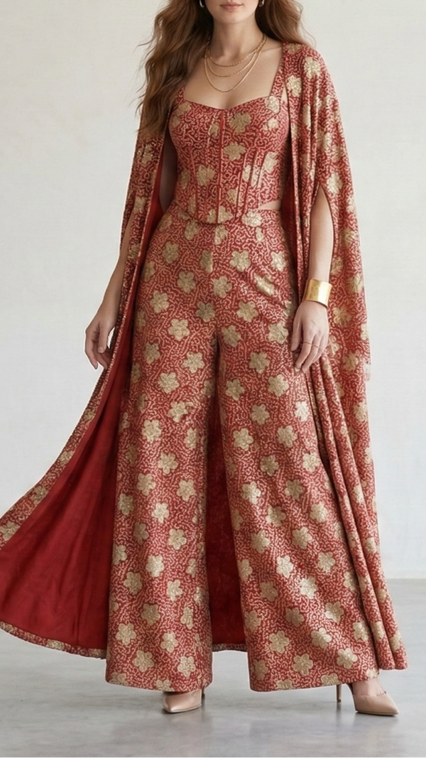 Red Floral Tissue with Sequins, Gota Patti, and Threadwork Embroidery 10068