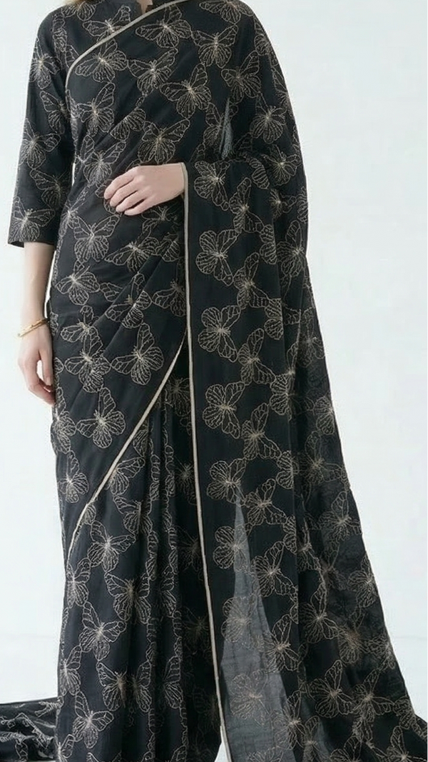 Black Cotton Fabric With All Over Butterfly Motif Of Dori And Thread Work 22479
