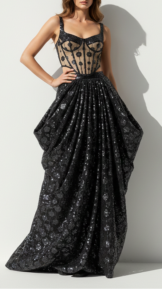 Black Imported Net Fabric With All Over Katdana, Bead And Sequins Work With One Side Scalloped Border 22054