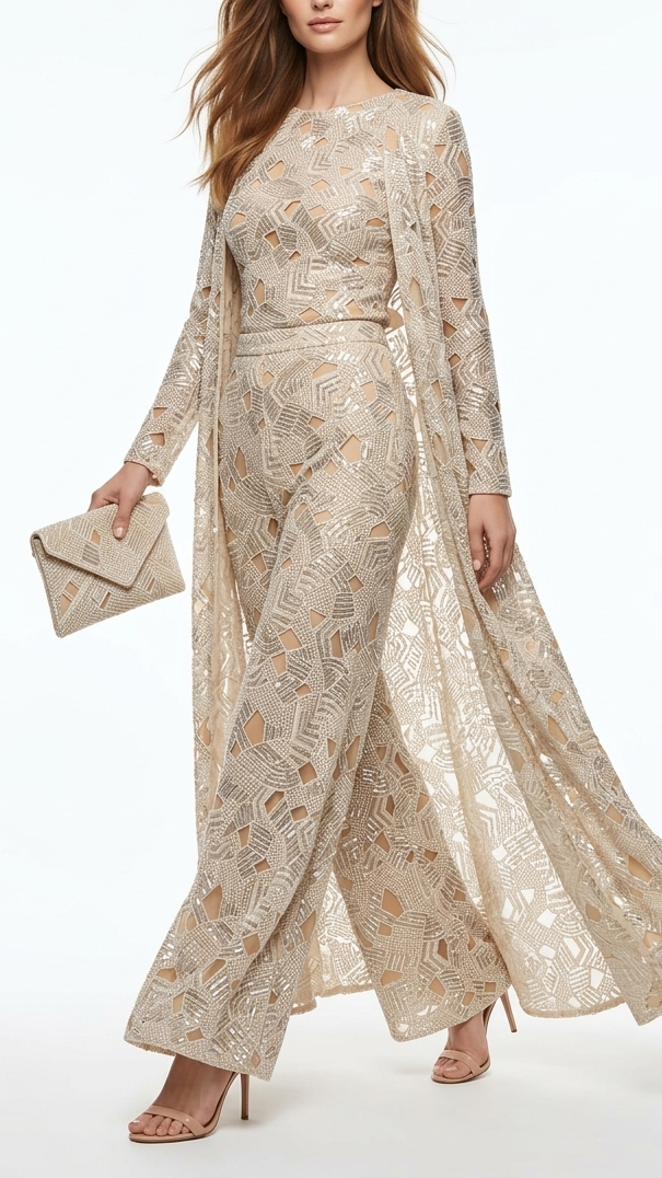 Cream Imported Net Fabric With All Over Sequins, Bead And Cutwork 21997