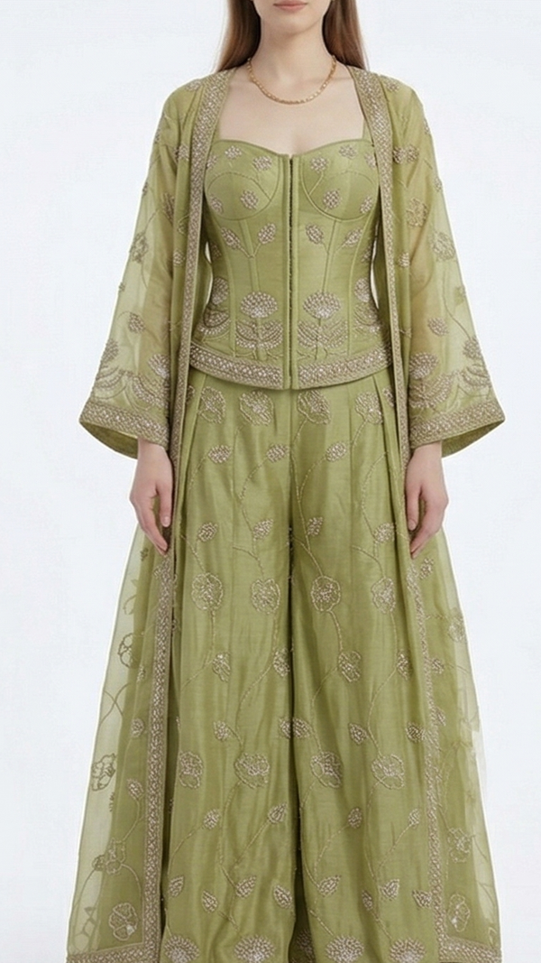 Pista Green Chanderi Fabric With All Over Floral Bead And Zari Work 22487