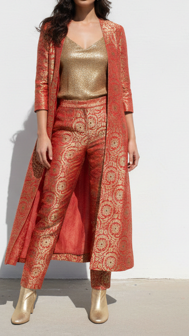 Red Banarasi Brocade Fabric With All Over Thread And Zari Handloom 20947