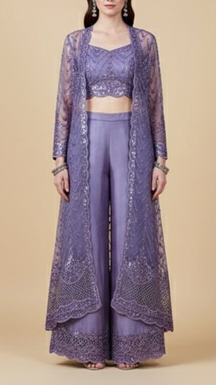 Lavender Imported Organza Satin Fabric With All Over Katdana, Bead And Sequins Work With One Side Cutwork and Scalloped Border 15514