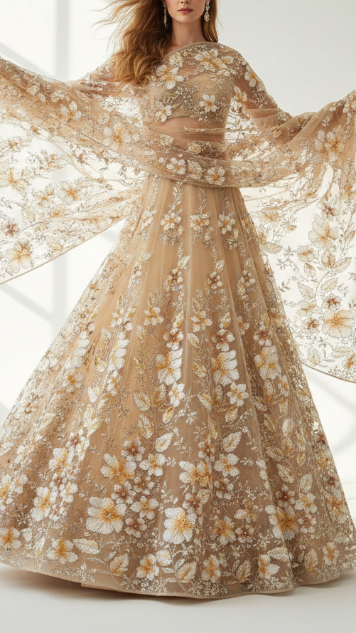 Cream Imported Net Fabric With All Over Sequins, Bead, Katdana And Ribbon Work 22105