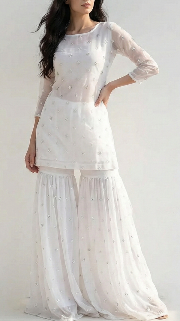 White Dyeable Organza Fabric With Allover Buti Of Silver Katdana, Bead And Sequins Work 21105