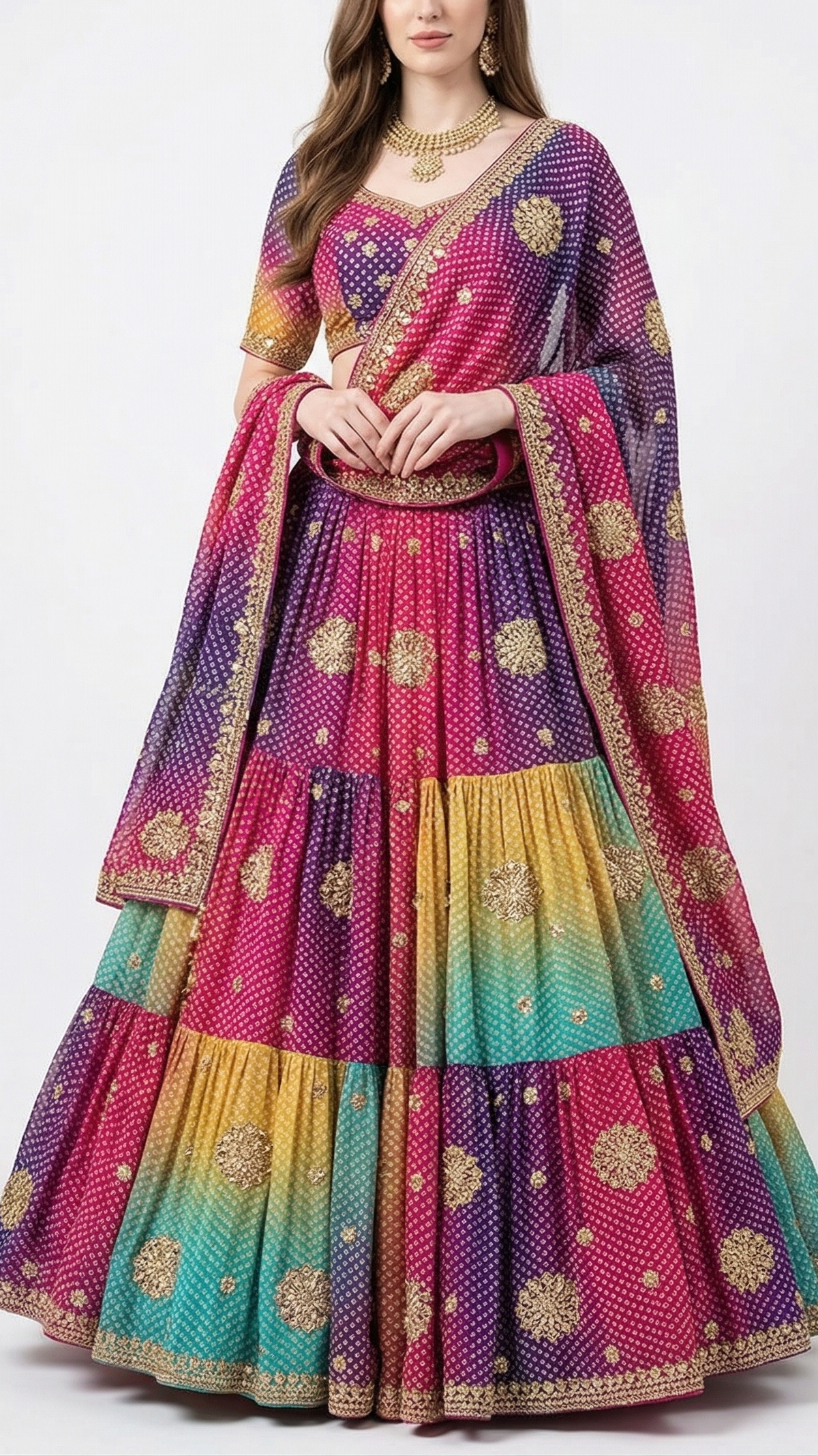 Multi-Color Chinon Chiffon Fabric With All Over Bandhani Print, Bead, Sequins And Katdana Work 22420