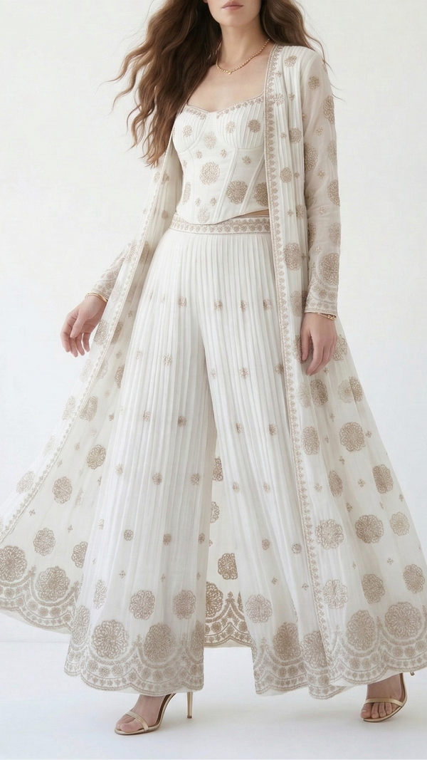 White Dyeable Georgette Fabric With All Over Sequins, Beads And Katdana Work 22143