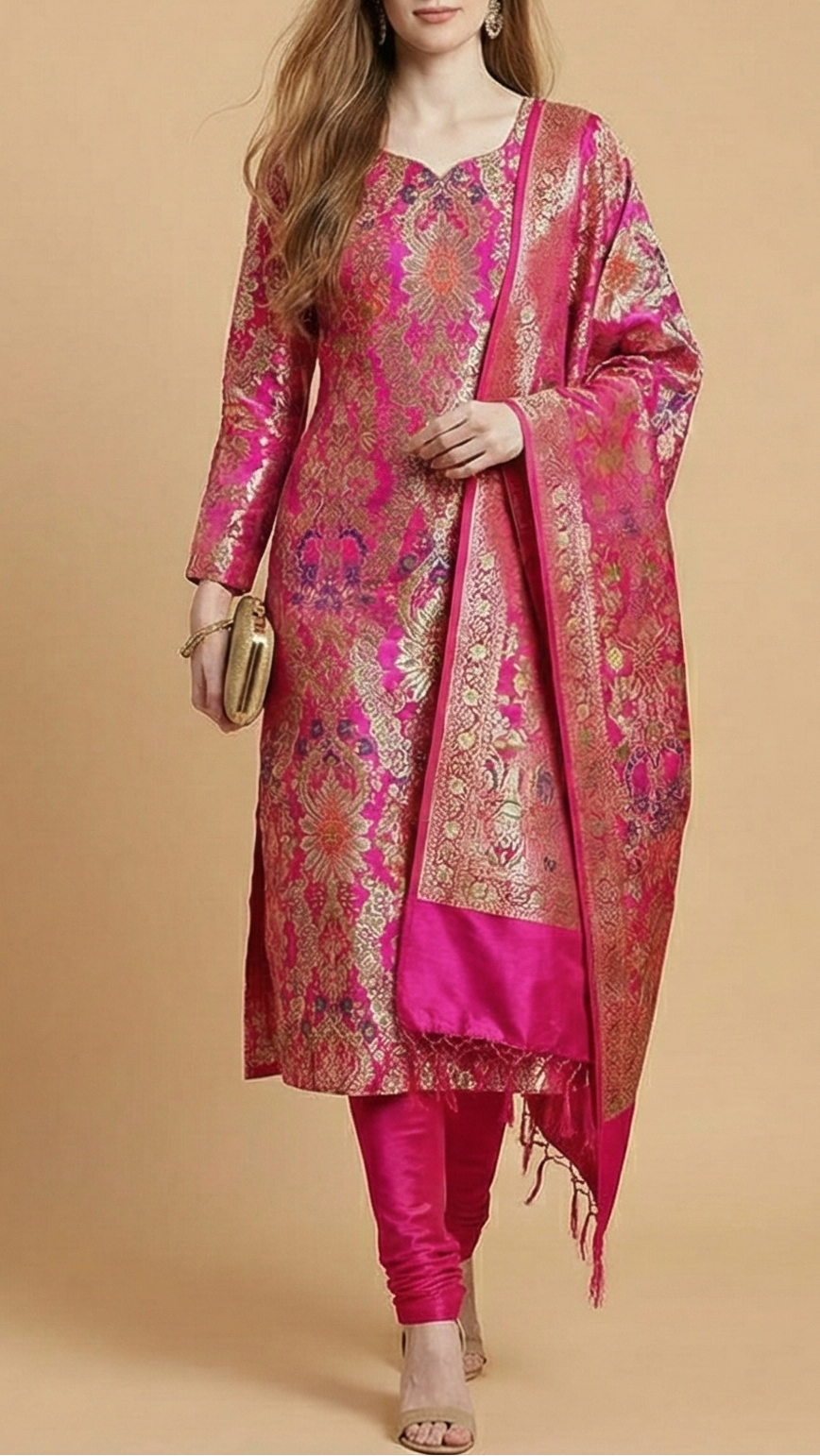 Rani Pink Pure Banarasi Brocade Fabric with Allover Golden Zari Handloom 20433