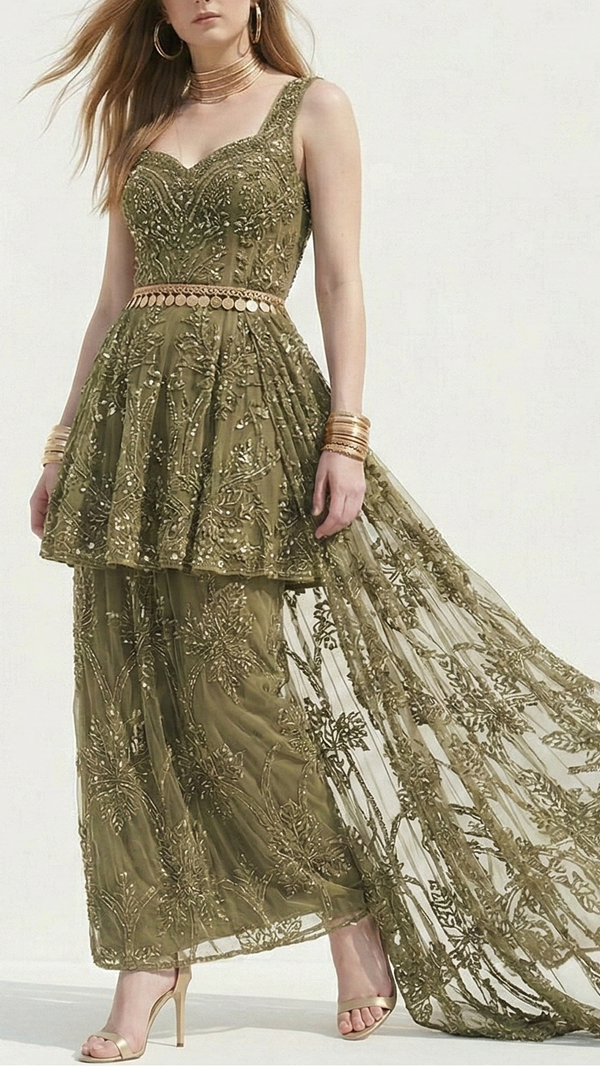 Mehandi Imported Net Fabric with Allover Cutwork, Sequins, Beads, Pearls & Thread 12338