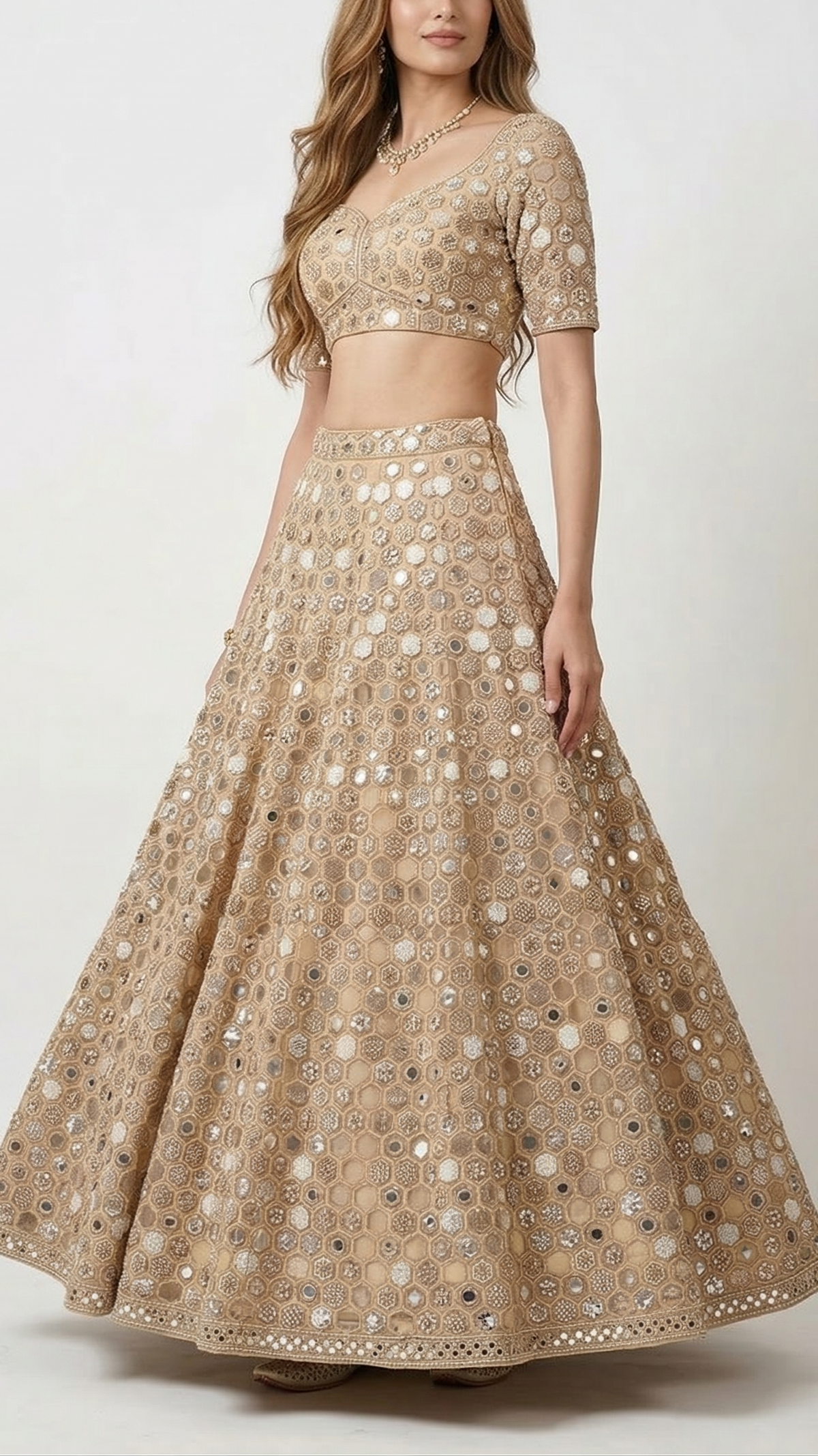 Golden Imported Net Fabric With All Over Zari, Sequins, Katdana, Faux Mirror And Cut Work 22394