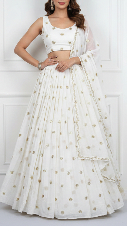White Dyeable Crepe Fabric With Allover Buti Of Sequins And Zari Work 21081