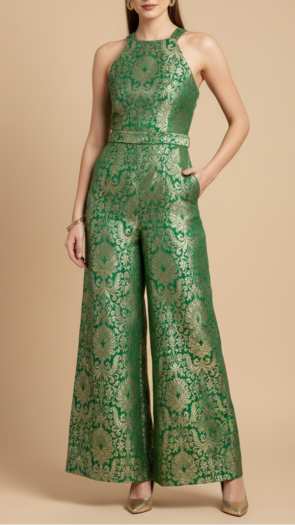 Green Banarasi Brocade Fabric with Allover Golden Zari Handloom 19878