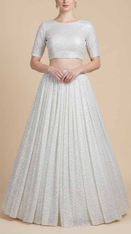 White Dyeable Georgette Fabric With All Over Rainbow Sequins Work 19827