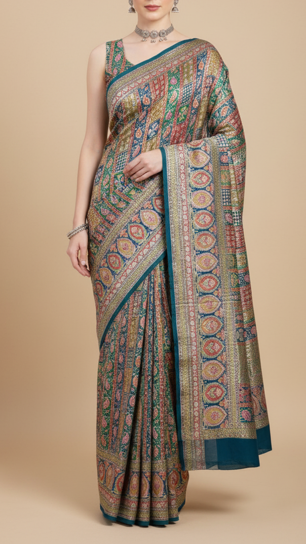Teal Blue Crepe Fabric with Allover Traditional Print and Sequins Zari Work with One-Side Border 19765
