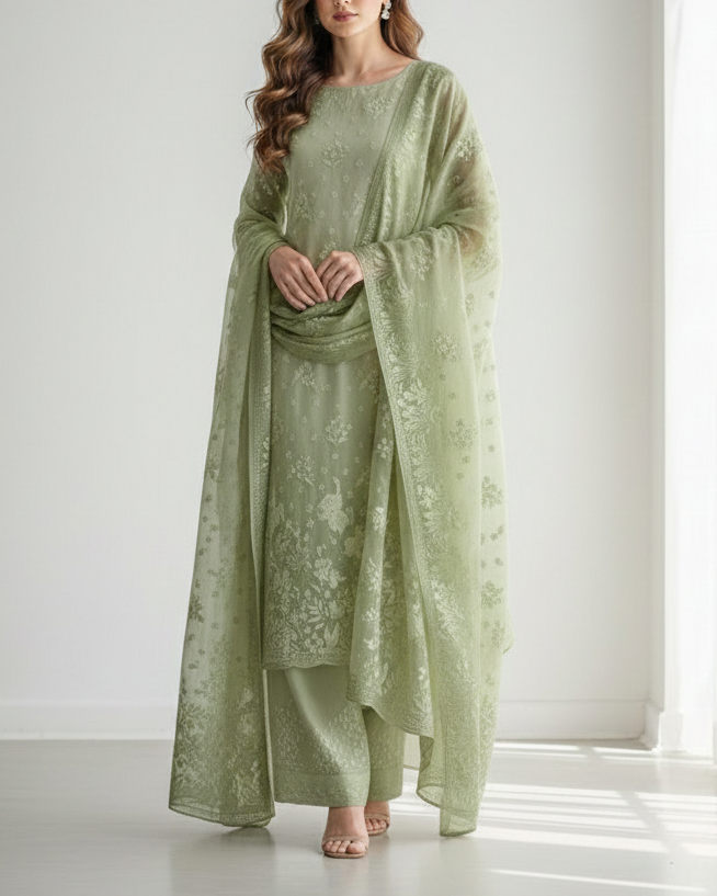 White Dyeable Silk Fabric With All Over Thread And Sequins Work With One Side Bird Motif Border 21584