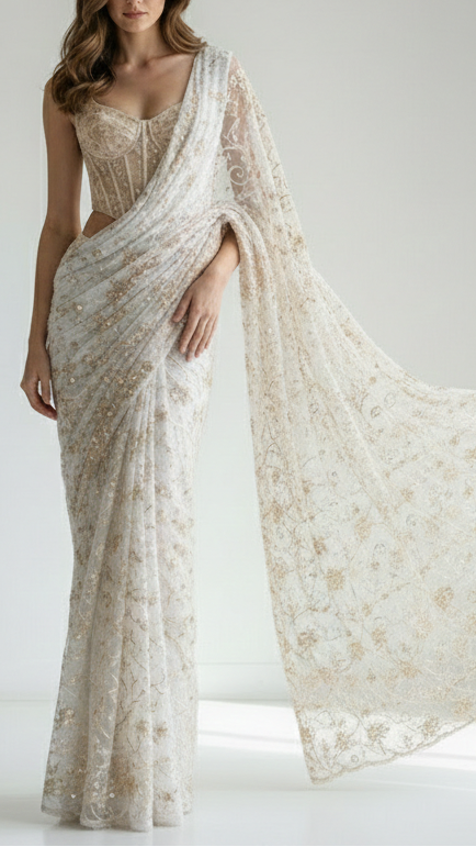 White Dyeable Net Fabric With All Over Sequins, Thread And Katdana Work 21447