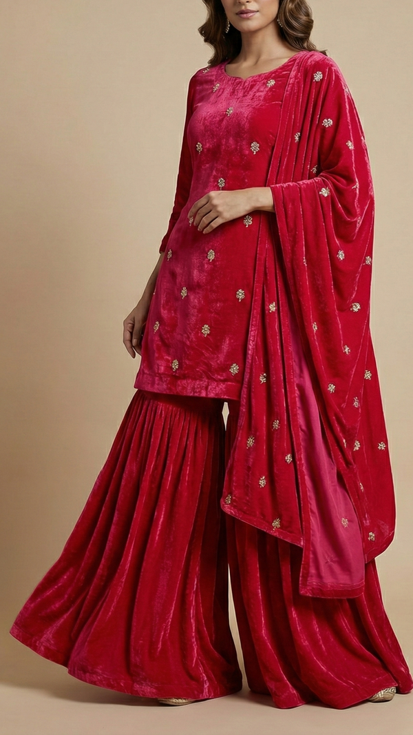 Rani Pink Velvet Fabric With All Over Buti Of Katdana, Sequins And Zari 20600