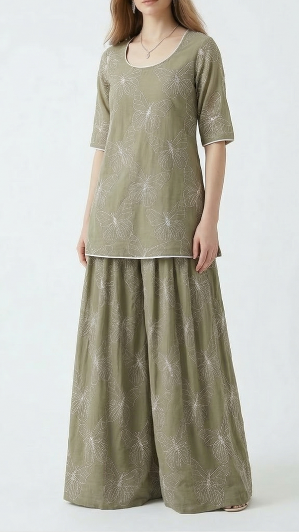 Sage Green Cotton Fabric With All Over Butterfly Motif Of Dori And Thread Work 22477