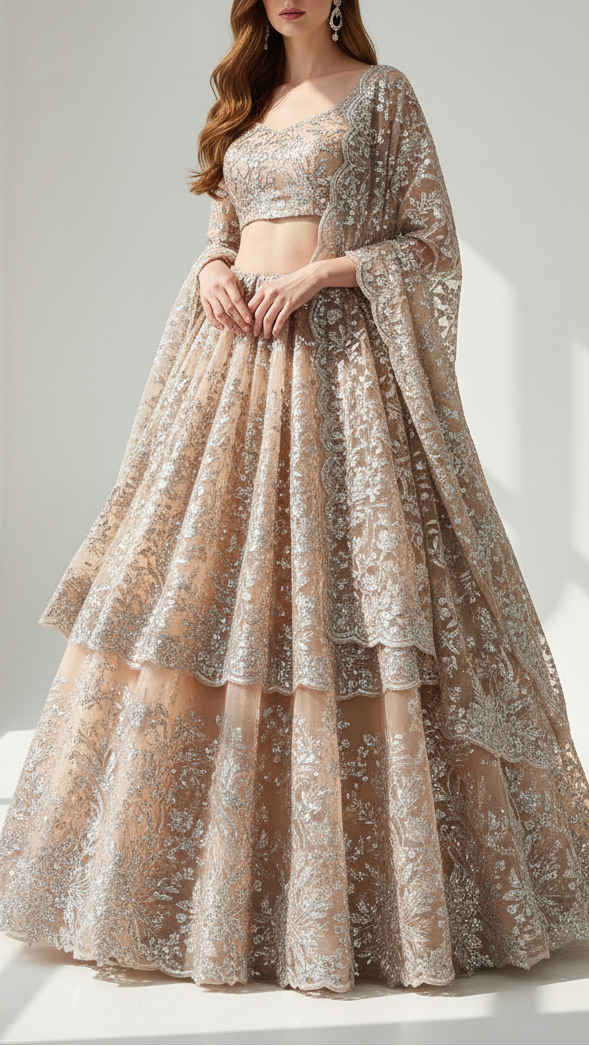 Peach Imported Net Fabric With All Over Bead And Sequins Work 22089
