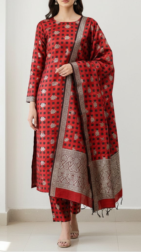 Maroon Banarasi Brocade Fabric With All Over Thread And Zari Handloom 21356