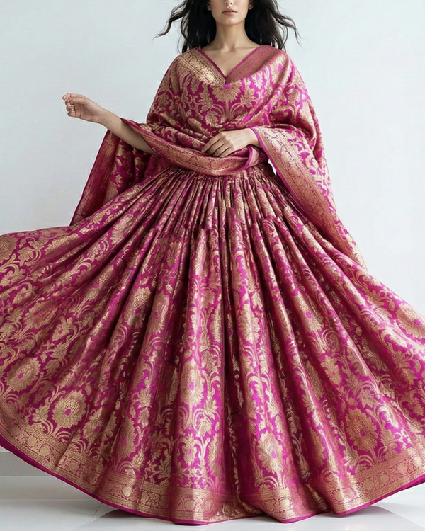 Purple Banarasi Brocade Fabric With All Over Golden Zari Handloom 21861