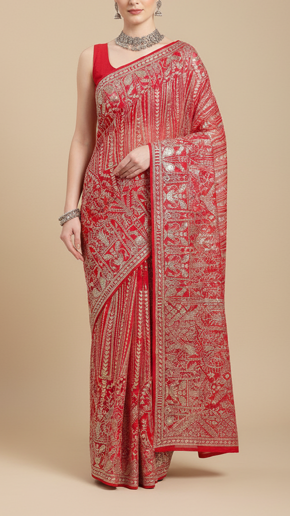 Kareena Kapoor Inspired Edition | Red Embroidered Georgette Unstitched Fabric 19088