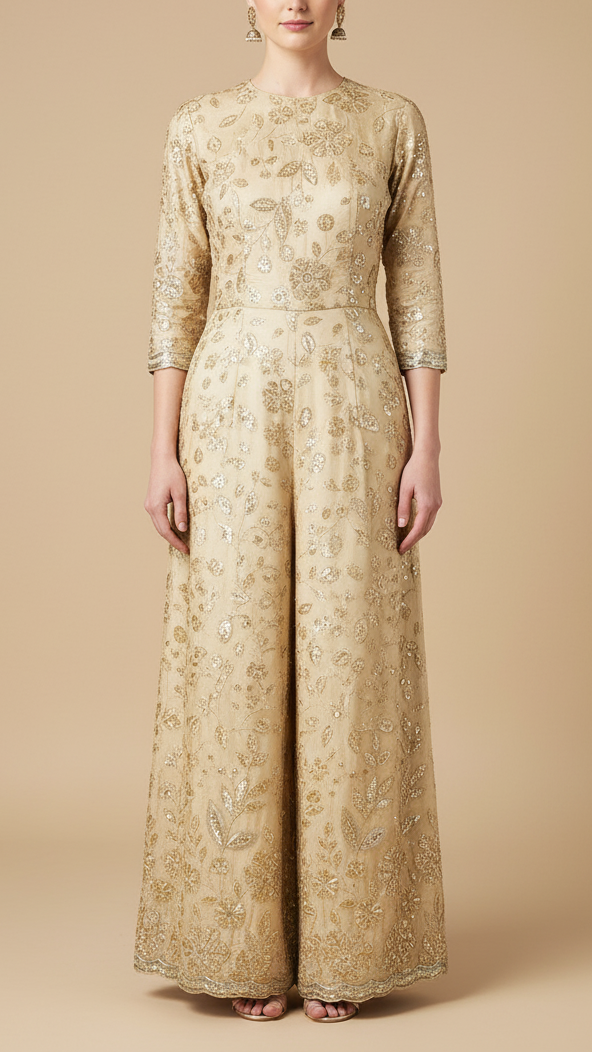 Cream Crepe Fabric With All Over Sequins, Bead And Zari With One Side Scalloped Border 19946