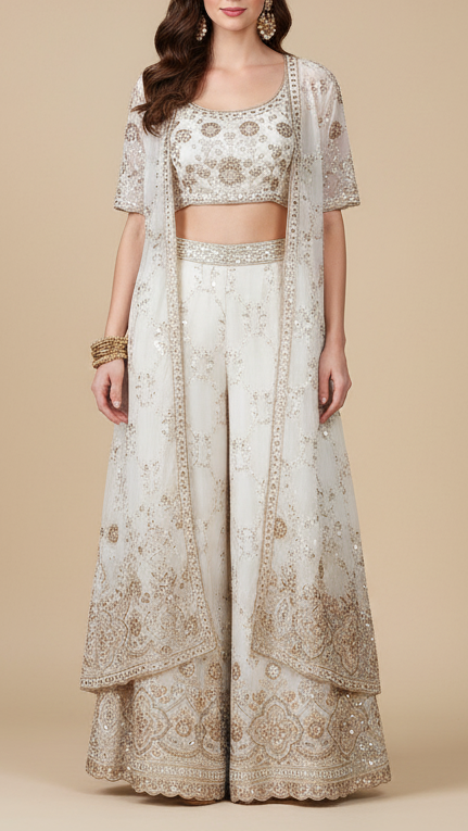 White Dyeable Crepe Fabric With All Over Zari, Sequins, Katdana And Bead Work 16871