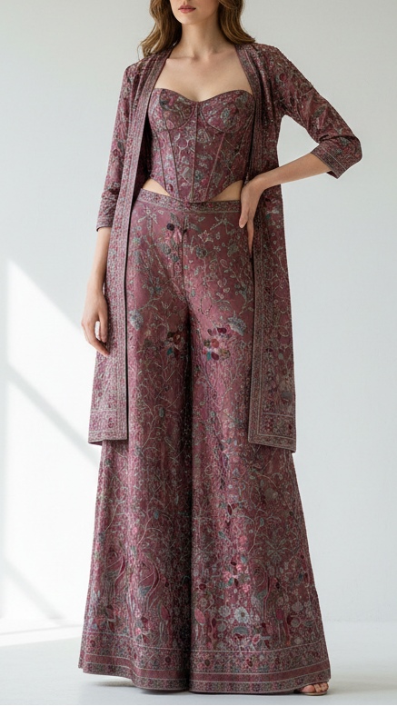 Wine Silk Fabric With Allover Thread Work 16129